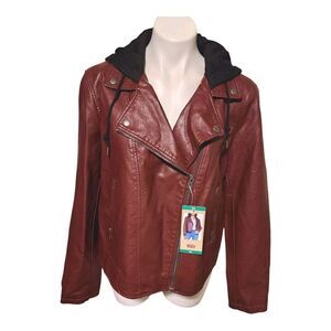 Levi's Women's Faux Leather Moto Hooded Jacket 1631036 Burgundy Size XL‎ New